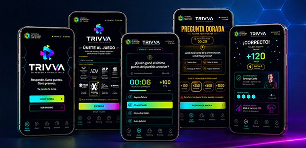 Pantallas de Trivva en varios móviles durante una partida en directo