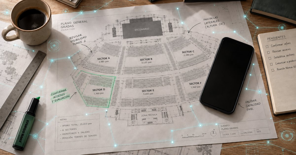 Plano técnico de las gradas de un recinto sobre una mesa de trabajo, con un smartphone colocado encima